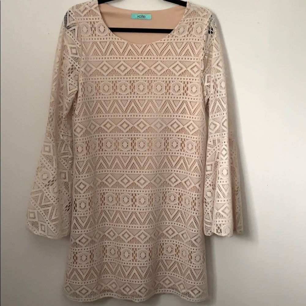 Long Sleeve Tan Dress with Cream Lace